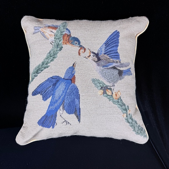 Eastern Bluebird Needlepoint Pillow 18 X 18 Velvet Back Zipper Pipping Excellent